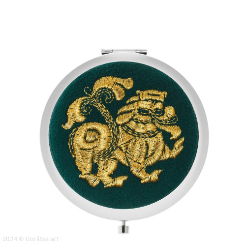 Зеркало с кнопкой «Лев», р.96, зелёный /золото/ велюр велюр Горлица.Арт